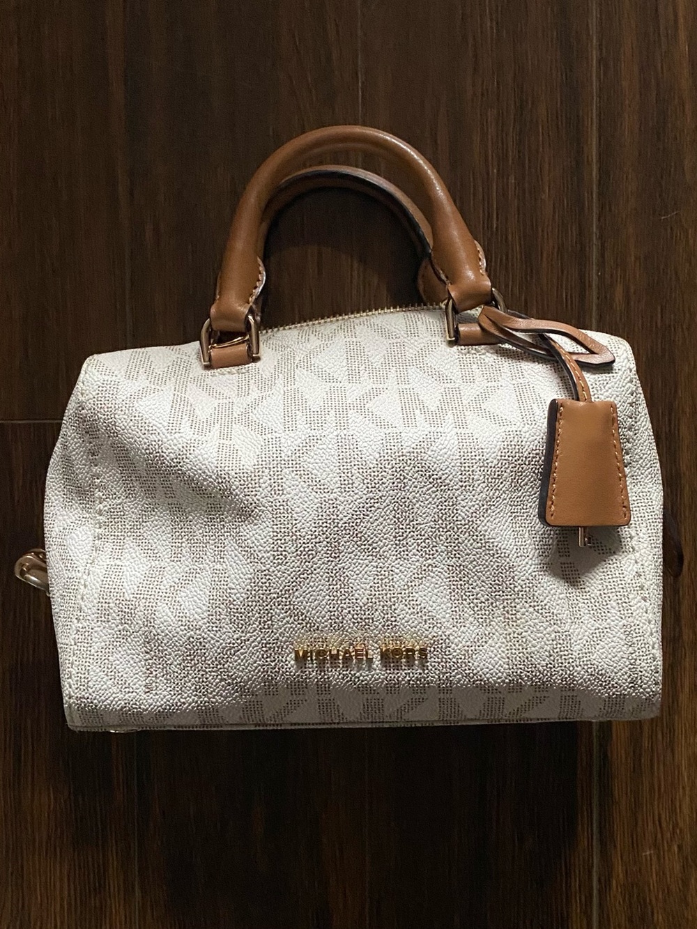 Michael Kors Cream Monogram Satchel with Tan Leather Trim
